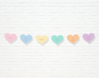 Conversation Hearts Girlande - druckbare Valentinstag Herz Sprüche Party Banner - süße Süßigkeiten Herz Party Decor - FEB2021