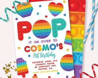 Pop It Invitation - Printable Bright Rainbow Fidget Toy Birthday Invite - Customizable Poppers Shape Sensory Theme Party Decor - 0083