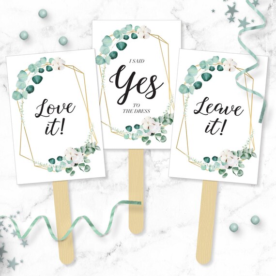 Say YES To The Dress Signs - Eucalyptus & Cotton Watercolor Greenery Printable I said Yes Wedding Shopping Paddles - Bridal Game - WPEuc Il_570xn
