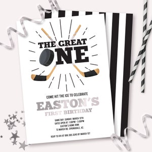 Hockey Birthday Invitation - Printable The Great One First 1st Birthday Party Invite - Customizable Ice Skating Sports Theme Decor - 0095