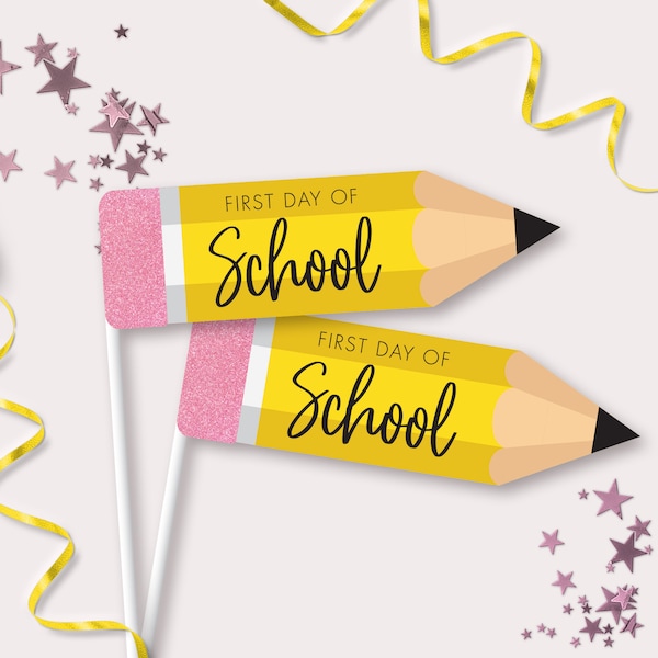 School Pennant Flags - Printable First Day Of School Pencil Flag Photo Prop - Classroom Back to School Basket Party Decor - AUG2021