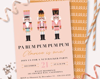 Nutcracker Birthday Invitation - Printable Pink Christmas Ballet First Birthday Party Invite - Customizable Land of Sweets 1st Decor - 0066
