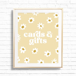Daisy Cards & Gifts Sign - Printable Boho Yellow Daisies Birthday Party Decor - Personalized Flower Power 70&#39;s Art Print - 0010