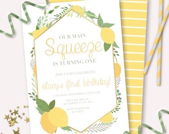 Lemon Birthday Invitation - Printable Our Main Squeeze Lemonade First Birthday Party Invite - Customizable Summer Citrus Decor - 0038