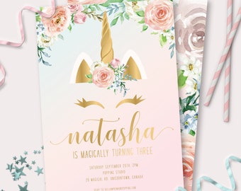 Invitación para fiesta de unicornio - Imprimible - Pastel y floral - Personalizable - Descarga instantánea - 0044