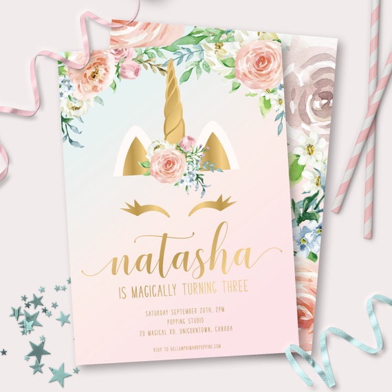 Unicorn Party Invitation - Printable Pastel & Floral Unicorn Birthday Invite - Customizable Unicorn Party - Instant Download - 0044 Il_570xn