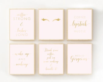Coffee & Makeup Girl Boss Office Decor Art Print Set - Printable Pink and Gold Boss Lady Home Decor Quotes - Inspirational - Gift For Her