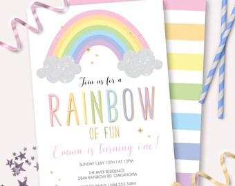 Pastell-Regenbogen-Geburtstags-Party-Einladung - druckbare Regenbogen des Spaßes einladen - anpassbare Pastel-Boho-Regenbogen-sofortiger Download - 0005