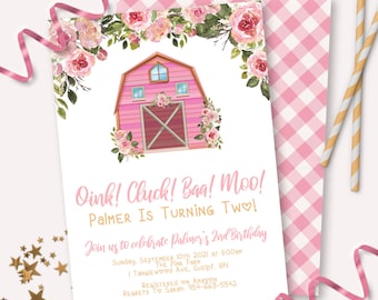 May include: Pink barn birthday invitation with floral accents. The invitation reads "Oink! Cluck! Baa! Moo! Palmer Is Turning Two!" and includes event details. A pink gingham envelope and gold star confetti are also visible.