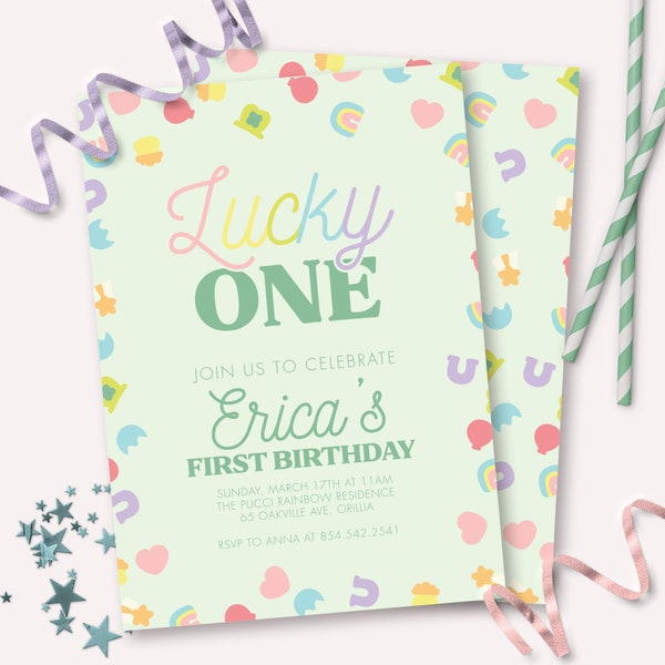 Lucky Charm Invitation - Printable Green Shamrock Rainbow Marshmallow 1st Birthday Party Invite - St. Patrick's Day Lucky One Party - 0107