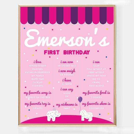 Circus Animal Cookie Milestone Poster - Printable Pink Frosted Animal Cracker 1st Birthday Party Memory Chart - Birth Stats Print - 0068 Il_570xn