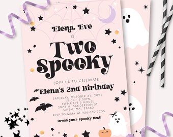 Halloween Birthday Invitation - Printable Pink Two Spooky Second Birthday Party Invite - Customizable Cute Ghost Hey Boo Theme Decor - 0049