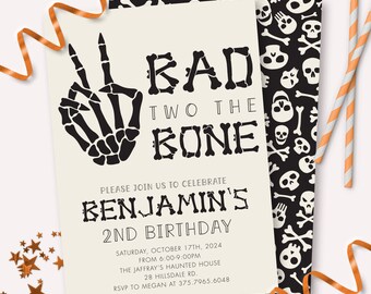 Bad Two The Bone Invitation - Printable Halloween Spooky Skeleton Second Birthday Party Invite - Customizable Skull Crossbones Decor - 0139