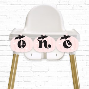 Pumpkin Highchair Banner - Printable Pink Cute Bat Halloween ONE 1st Birthday Party Bunting - Spooky Hey Boo Birthday Party Decor - 0049