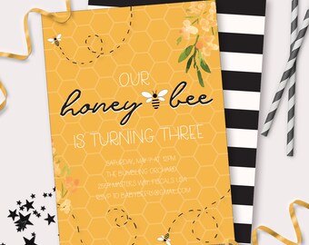 Honey Bee Themed Birthday Party Invitation - Printable Yellow & Black Striped Bumble bee Invite - Customizable bee Party Instant - 0031