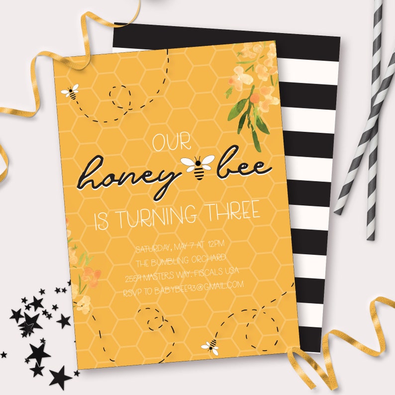 Honey Bee Themed Birthday Party Invitation Printable Yellow Black Striped Bumble bee Invite Customizable bee Party Instant