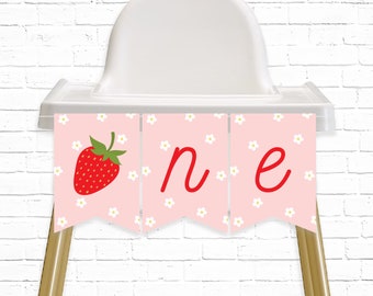 Strawberry Highchair Banner - Printable Very Berry First Strawberry 1st Birthday ONE Bunting Banner - Berry Sweet Party Decor - 0013