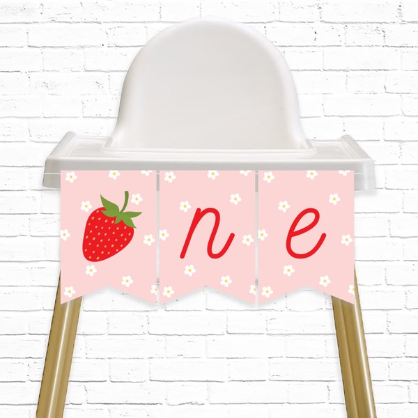 Strawberry Highchair Banner - Printable Very Berry First Strawberry 1st Birthday ONE Bunting Banner - Berry Sweet Party Decor - 0013