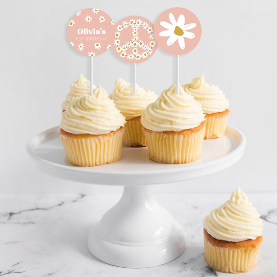 Daisy Cupcake Toppers - Printable Personalized Pink Boho Daisies Birthday Party Food Picks - 70's flower power Theme Party - 0010 Il_570xn