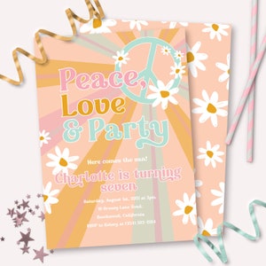 Invito Flower Power - Invito stampabile Boho Daisies Peace, Love & Party - Invito personalizzabile per festa hippie anni '60 e '70 - 0022