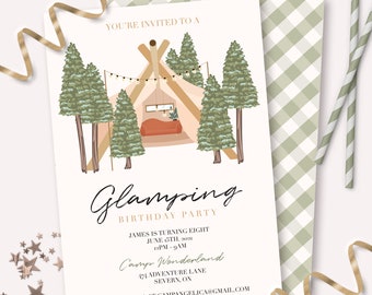 Invitación de cumpleaños glamping - Invitación imprimible para una pijamada de lujo en un camping - Fiesta de despedida de soltera personalizable en una tienda de campaña al aire libre - 0035