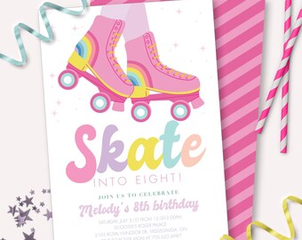 Roller Skate Invitation - Printable Retro Roller Skating Birthday Party Invite - Skate Into Eight - groovy rainbow roller rink - 0087