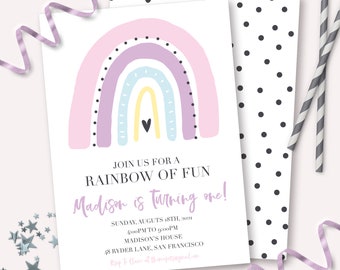 Rainbow Birthday Invitation - Printable Pastel Boho Rainbow 1st Birthday Girl Invite - Customizable Muted Rainbow Party Decor - 0005