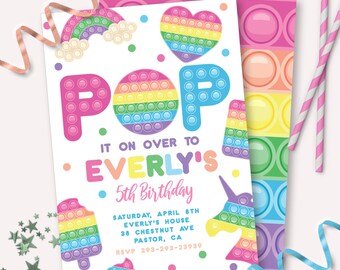 Pop It Invitation - Printable Pastel Rainbow Fidget Toy Birthday Invite - Customizable Poppers Shape Sensory Theme Party Decor - 0083