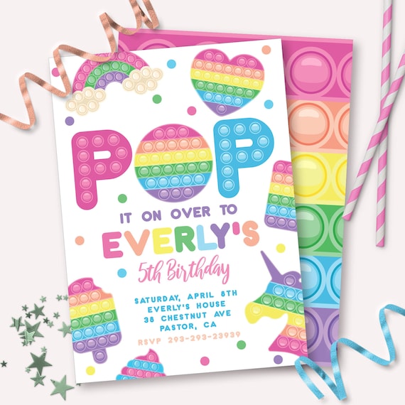 Pop It Invitation - Printable Pastel Rainbow Fidget Toy Birthday Invite - Customizable Poppers Shape Sensory Theme Party Decor - 0083 Il_570xn