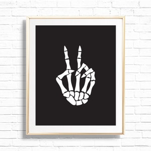 Skeleton Peace Print - Printable Boho Halloween Skeleton hand peace sign Wall Art Decor - Bones Art - Spooktacular Gallery Print - SEPT2022