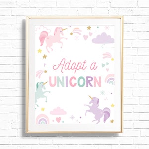 Adopt A Unicorn Sign - Printable Magical Pastel Rainbow Unicorn 1st Birthday Party decor - Whimsical Fairytale Adoption Celebration - 0044