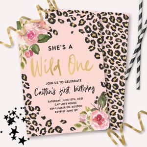 Wild One Invitation - Printable Leopard Print & Roses Jungle Birthday Party Invite - Customizable Cheetah Safari Bridal Shower - 0032