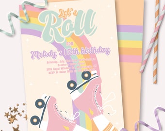 Roller Skates Invitation - Printable Retro Let's Roll Roller Skating Birthday Party Invite - groovy rainbow 70's roller skating rink - 0087
