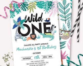 May include: A white invitation with a jungle theme, featuring the text "Wild One" and illustrations of animals like a lion, zebra, and sloth. The invitation includes details for a birthday party, with a date, time, and location.
