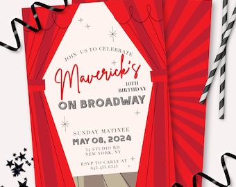 May include: A theatre-themed invitation in red and cream. The design includes red stage curtains, star motifs, and the text "Join us to celebrate Maverick's 10th Birthday on Broadway." The invitation also has event details and RSVP information.
