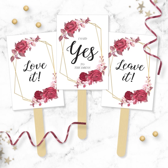 Say YES to the Dress Signs - Burgundy, Pink Roses & Gold Geo Printable I Said  Yes Wedding Dress Shopping Paddles - Instant Bridal Gown Game - Etsy
