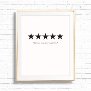 Peut inclure: Une impression encadrée avec cinq étoiles noires et le texte "Would eat here again."