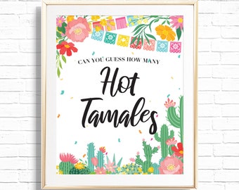 Pode incluir: Um sinal imprimível com fundo branco e ilustrações coloridas de flores e cactos. O texto diz "Você consegue adivinhar quantos Hot Tamales?"