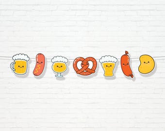 Octoberfest Banner - Printable Pretzel, Beer, HotDog Cute Barbecue First Birthday Flags Bunting Banner -October Party Decor - 0224