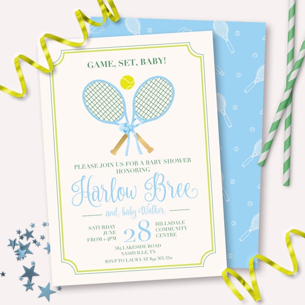 Invitation de baby shower de tennis - Invitation de fête de raquette de tennis preppy imprimable garçon - prêt, ensemble, baby ball raquette sport thème déco - 0115