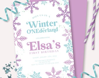 Winter Onederland birthday invitation - Printable Winter Wonderland Snowflake blue & purple invite - Winter Ice Princess Party decor - 0165