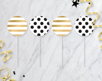 Glam Gold Party Cupcake Toppers - Printable Food Picks - Stripes and Polka-dots - Kate Spade Inspired Party Decor - Instant Download - GGC1