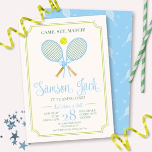 Invitación de cumpleaños de tenis - partido de tenis preppy imprimible primera invitación a la fiesta de cumpleaños 1 - decoración del tema de los deportes de la raqueta de los niños - 0115