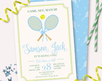 Tennis Birthday Invitation - Printable Preppy Tennis Match First 1st Birthday Party Invite - Boys Racquet Racket Sports Theme Decor - 0115