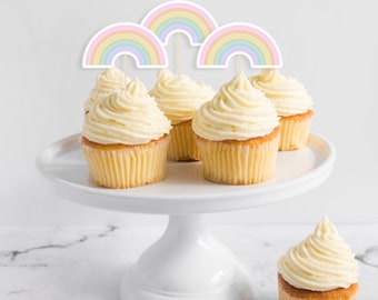 Rainbow Cupcake Toppers - Printable Pastel And Iridescent rainbow dessert Toppers - Girls Boho Rainbow Party Favor Tags - 0005