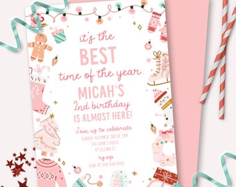 Pink Christmas Invitation - Printable Christmas Icons and Cookies Birthday Party Invite - Customizable Sweet Winter Holiday Decor - 0172
