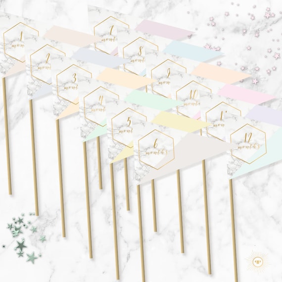 marble and pastel monthly flags printable milestone photo prop