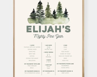 Pine Tree Meilenstein Poster - Druckbare Wald Wald Erster Geburtstag Geburt Stats Memory Chart - Personalisierte One Happy Camper Dekoration - 0140