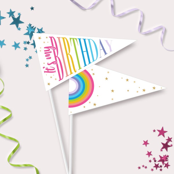 Rainbow Pennant Flags - Printable Bright Rainbow It's my 1st Birthday Flag Photo Prop -  Over the Rainbow Party Decor - 0005