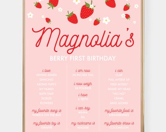 Strawberry Milestone Poster - Printable Berry First 1st Birthday Party Birth Stats - Sweet Berries Memory Print - First Birthday Decor- 0013